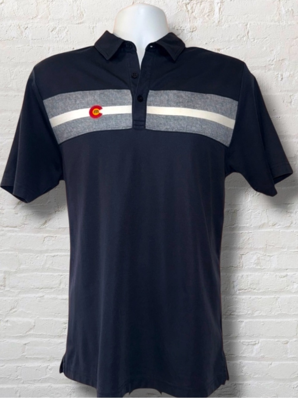 Travis Mathew Colorado Flag Navy Stripe Polo Shirt - Men’s Size Medium